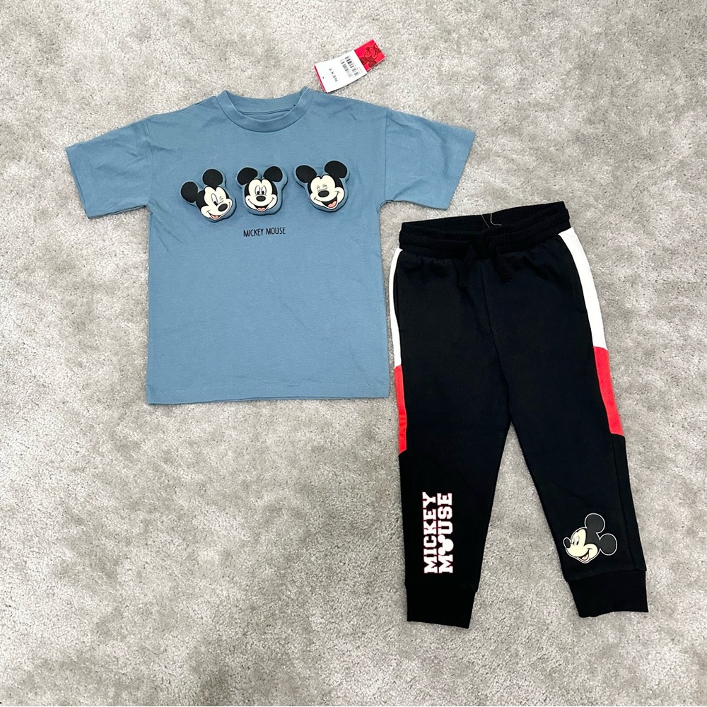 NEW Next X Disney Kids 2 piece Set - Blue 3D Mickey Mouse Tee & Black Jogger Set